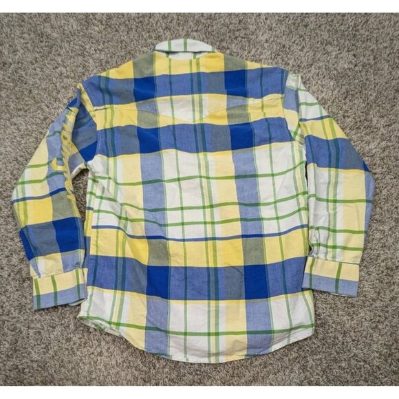 Vintage Wrangler Button Down Shirt Mens Medium Yellow Plaid Sleeve Spellout - Picture 2 of 8